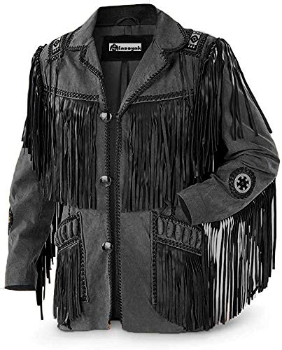 Classyak Chaqueta vaquera genuina occidental de moda para hombre, nativo americano, con flecos y cuentas, cuero marrón, cuero de gamuza negro, 4X-Large