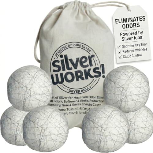 SilverWorks! Wool Dryer Balls Laundry Reusable - Odor Eliminating Dryer Laundry Balls with Silver Technology - Natural Fabric Softener and Static Reducer Reduce Drying Time and Energy Costs - 6 Pack