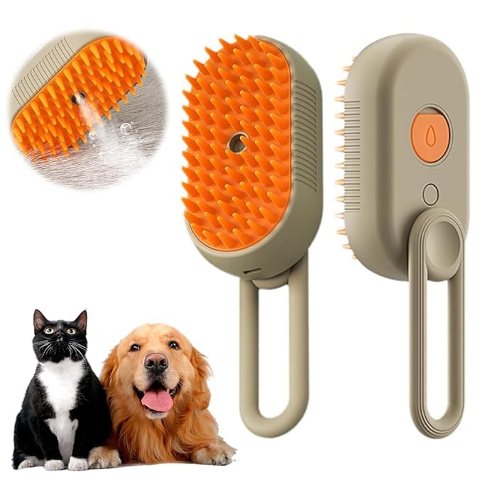 Cat Steam Brush, 3 In 1 Steamy Cat Brush with Release Button and Tank, Anti-Static Pet Spray Hair Removal Comb, Rechargeable Steam Dog Comb for Furry Pet (White& Khaki)