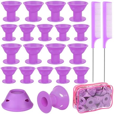 JULBEAR Hair Rollers, 60 Pcs Purple Silicone Curlers Including 30pcs Large 30pcs Small Overnight Heatless Curling Rod Headband with 2 Combs for Women Girls' Long and Short Hair Cover