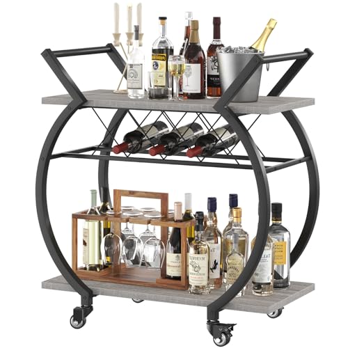 Image of LVB Bar Carts for the Home, Industrial Wine Cart with Storage, Grey Oak