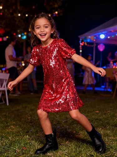 Image of WELAKEN Girls Ombre Sequin Dress Sparkly Fancy Short Puff Sleeves Gradient Party Dress
