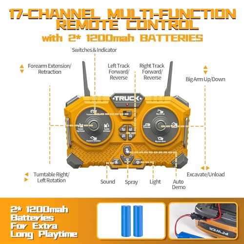 Image of 13CH Remote Control Excavator Construction Toy-2400mAh RC Excavator w /Metal Shovel /Spray /Lights /Sounds,2.4Ghz RC Bulldozer for Kid,RC Stunt Engineering Vehicles Toys Gift for 8-12 Year