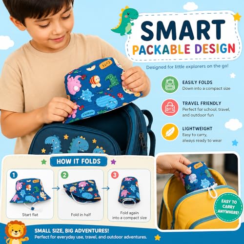 Image of VRITRAZ Unisex Kids Printed Bucket Hat | UV Protection Sun Hat with Adjustable Chin Strap & Summer Beach Travel Outdoor Cap for Toddlers & Children (4-12 Years)