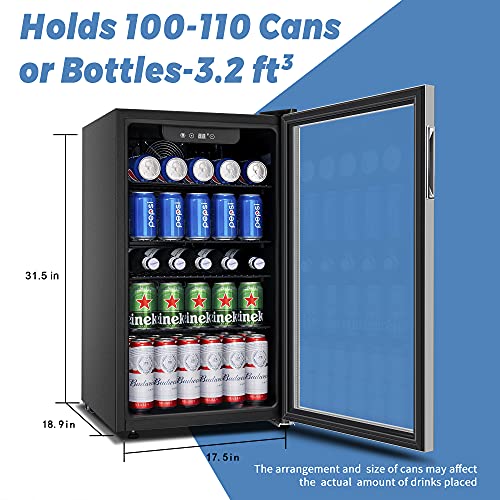 Image of EUHOMY 90 Can Beverage Refrigerator cooler, Mini Fridge Glass Door for Beer Drinks Wines, Freestanding Beverage Fridge with Adjustable Shelves.
