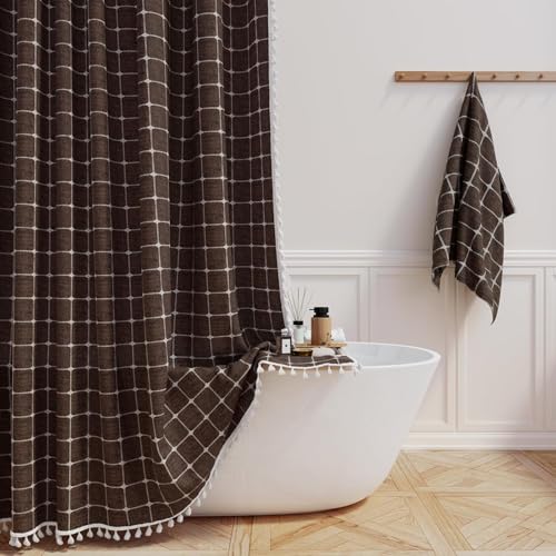 Image of BTTN Boho Shower Stall Curtain - 36x72 Narrow Linen Ultra Thick Tassel Fabric Cloth Shower Curtain Set with 6 Plastic Hooks, Half Camper RV Modern Farmhouse Country Shower Curtains for Bathroom, Brown