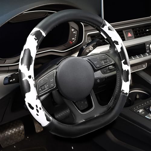 ZHOL Cow Print Steering Wheel Cover D Shaped Car Wheel Cover Microfiber Leather 14 1/2-15 in (37-39 cm)