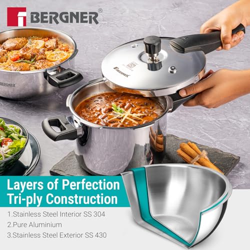 Image of Bergner Argent Classic Triply Stainless Steel 6.5 Liters Outer Lid Pressure Cooker, Triply Cooker with Resettable Safety Valve, Sturdy Handle, Easy to Use and Clean - Induction and Gas Stove Ready