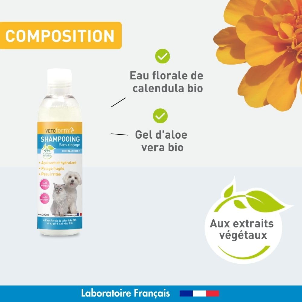VETOFORM | Shampooing sans rinçage Chien et Chat | Apaisant et hydratant | Pelages fragiles et Peaux irritées | 97% d’Origine Naturelle | sans Colorant ni paraben | 200 ML | Fabriqué en France