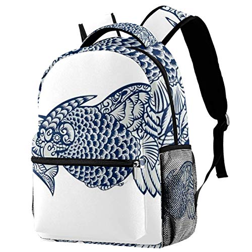 Mochila de porcelana azul y blanca con águila escolar  de viaje  informal  para mujeres