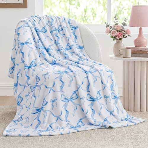 Buryeah Blue Bow Throw Blanket Valentine's Day Galentines Day Gifts Preppy Blanket Coquette 50 X60 Flannel Soft Cute Bow Lightweight Aesthetic Room Decor for Women Friends for Sofa Couch Travel Bed