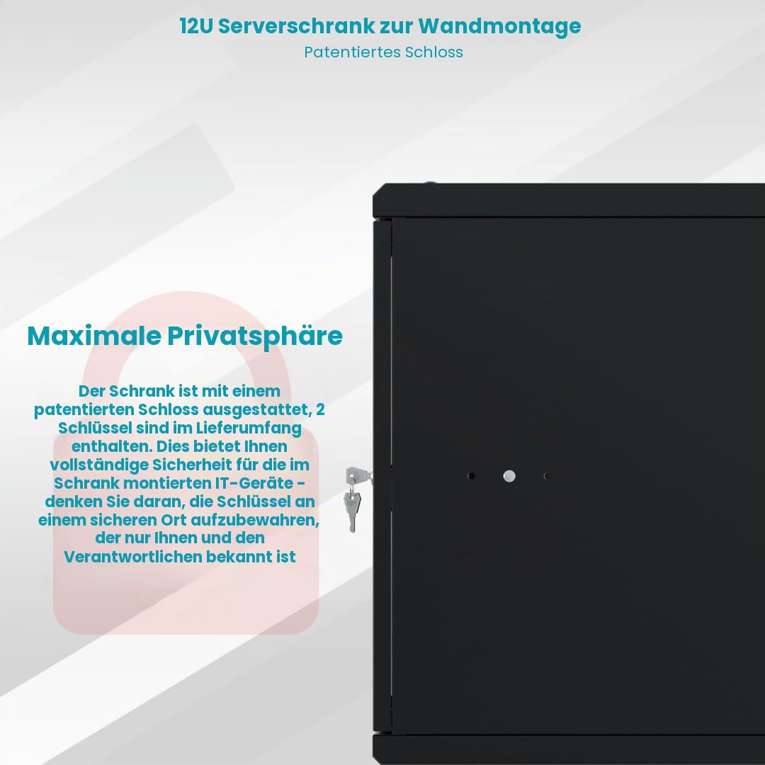 Netzwerkschrank 19 Zoll - Serverschrank 12HE - Server Rack für Wandmontage - Traglast 55kg - 450mm Tiefe - Serverschrank 19 Zoll zum Serverraum, Büro - Schwarz
