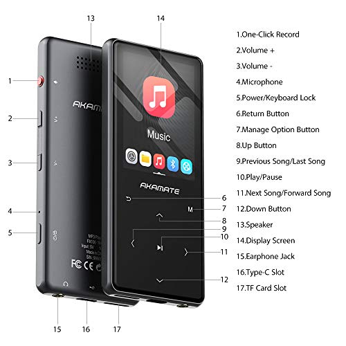 MP3 Player, 16GB Player with Bluetooth 4.2, Music Player with FM Radio, One Click Recording, 2.4" Screen, Built-in Speaker, HiFi Lossless Sound, Support up to 128GB(Earphone, Sport Armband)