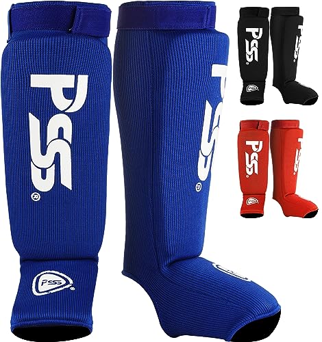 PSS Kids Shin Guard Kickboxing Muay Thai MMA Taekwondo Training Gear for Youth/Child Leg Instep-Less Sweating Saftey Pads (XS, Blue)