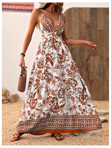 Image of MakeMeChic Women's Boho Maxi Dress Summer Luau Outfits Beach Wedding Guest Backless Sundress Flowy Resort Wear