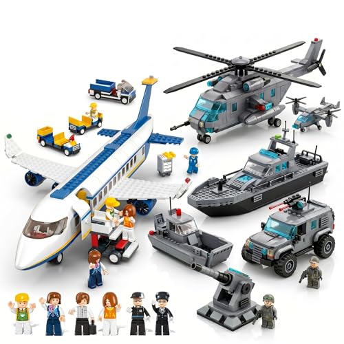 Image of SKY LINE OCEAN Airport Adventure & Naval Forces Building Block Combo Set, 622+ PCS Passenger Airplane, Airport Playset & 6-in-1 Naval Forces Construction Kit, 5-Year Structural Warranty