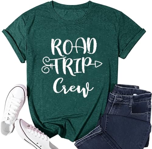 Road Trip Shirts for Women Funny Letter Print Tshirts Family Vacation World Travel Crew Short Sleeve Tops,Green M