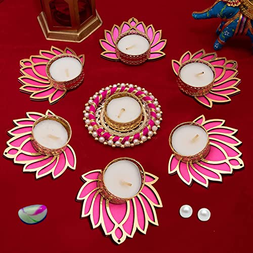 GIFT JAIPUR Handmade 7 Pc Pink Lotus Chudi Diya Rangoli Candles with Wax for Diwali Ganesh Chaturthi Laxmi Pooja Home Temple Rangoli Diya Floor Decoration