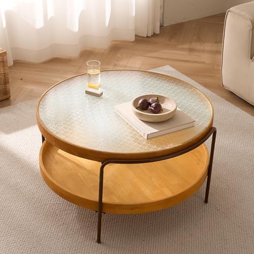 Cagnolier Couchtisch Rund, 2-Tier Wohnzimmertisch Rund, Runder Couchtisch mit Stauraum, Couchtisch Holz mit Glas und Metallgestell, Ø83x46cm Coffee Table für Wohnzimmer, Zimmer und Balkon