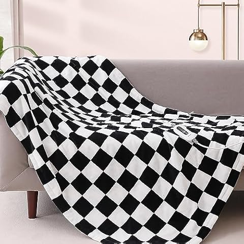 VENTIMI Heated Blanket Throw 50"x60", Soft Flannel Electric Blanket, Checkered Blanket with 4 Heating Settings, 3 Hours Auto-Off Over-Heat Protection, Machine Washable, White&Black Cover