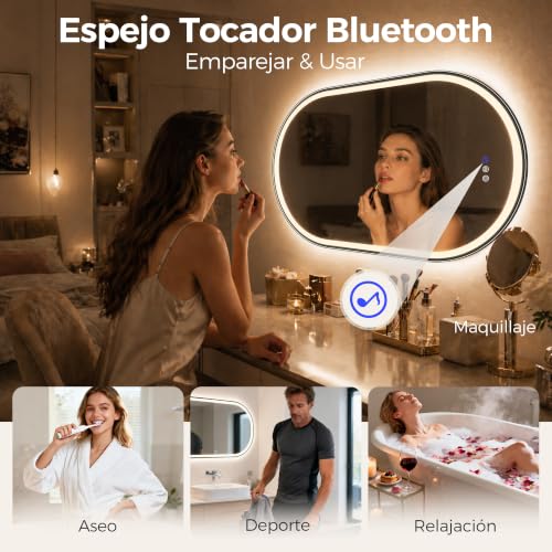 Miniatura 2 de Starlead Negro Espejo-Baño-Ovalado-Con-Luz Y Bluetooth 80x50cm, Espejo-Baño-Led Con Antivaho, Regulable, 3 Colores Luz, Memoria, Ip44, Vidrio Templado, Horizontal Vertical, Marco No Metálico
