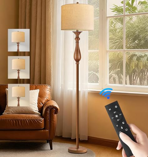 Image of Wood Floor Lamps for Living Room Farmhouse Boho Floor Lamp with Remote Control & 3 Color Temperature,Dimmable Vintage Floor Lamp Mid Century Modern Standing Lamp Pole Tall Floor Lamp Bedroom Corner
