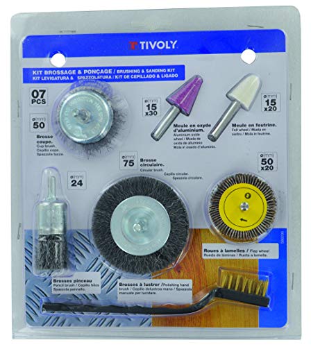 TIVOLY XT20252580200 7-teiliges Polier- und Bürsten-Set, bestehend aus 2 Rundbürsten 50 und 75 mm, Schaft 6 mm, 1 Topfbürste 50 m, 2 Warn- und Kegelräder, 1 manuelle Bürste