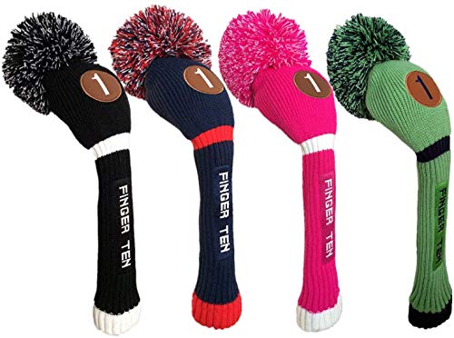 FINGER TEN Pom Pom Golf Club Head Covers for Driver Fairway Hybrid Wood, Vintage Knit Black Blue Pnk