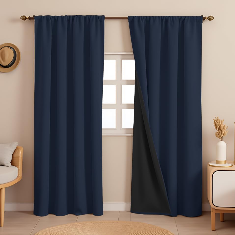 Image of HOMEMONDE Blackout Curtains Customize - Heavy Polyester 90% Room Darkening Curtain with Black Backing, Rod Pocket Style and Thermal Insulation Panels - (Single Piece, Solid Navy Blue)