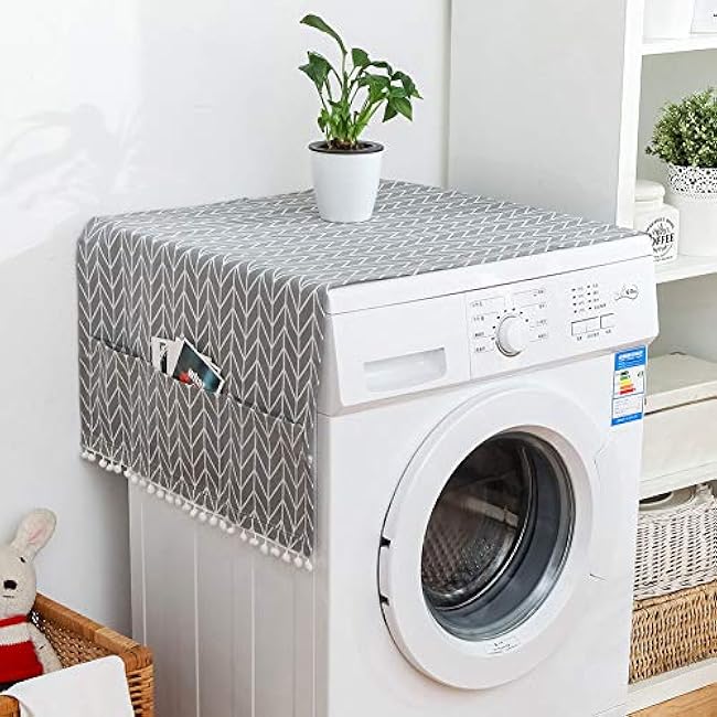 Refrigerator Cover, Multi Purpose Cotton Linen Washing Machine Cover with Side Storage Bags for Home and Kitchen (70 * 170cm 67x28inch)