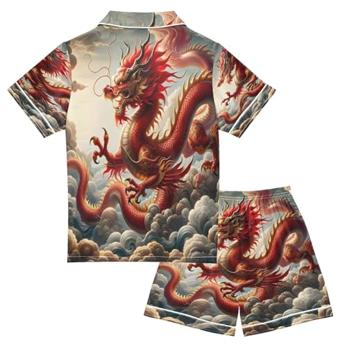 ALAZA Red Chinese Dragon Cloud Sky Satin Pajamas Set Short Sleeve Button Down Sleepwear Summer Pjs 2 Piece2