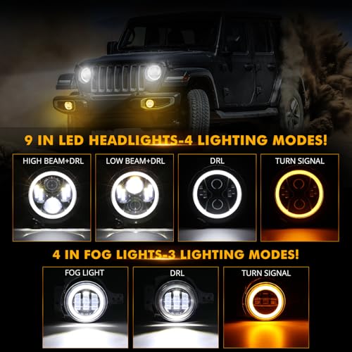 Image of Auxbeam 2024 Upgraded 9 Inch LED Round + 4 Inch Fog Lights for 2018-2023 Jeep Wrangler JL JLU Sport Sahara Rubicon Gladiator JT With DRL & Turn Signal, High /Low Beam, DOT Approved