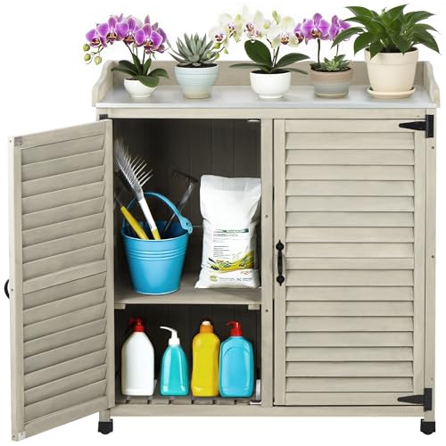 FTCBNet Gray Outdoor Potting Bench with Metal Work Top & Vented Louvered Doors,Waterproof Garden Storage Cabinet,Wooden Tool Station Shed for Backyard,Patio,Lawn Gardening