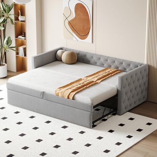 DUlVBPE Cama tapizada sofá cama extensible 90 x 200 cm con somier, cama de invitados multifuncional, tela de terciopelo agradable a la piel, gris claro (colchón no incluido)