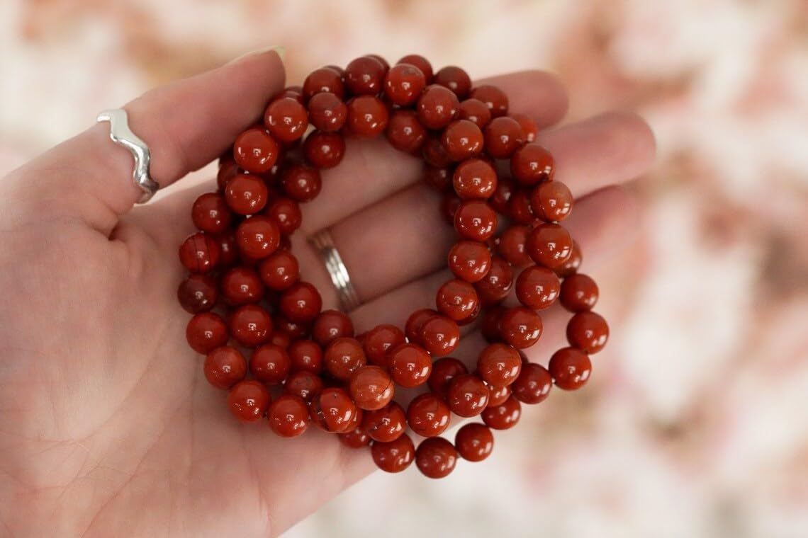 Braccialetto in diaspro rosso fatto a mano con pietre semipreziose naturali da 10 mm, perline rotonde lisce ed elastiche, braccialetto bohémien, braccialetto per meditazione spirituale, regolabile,