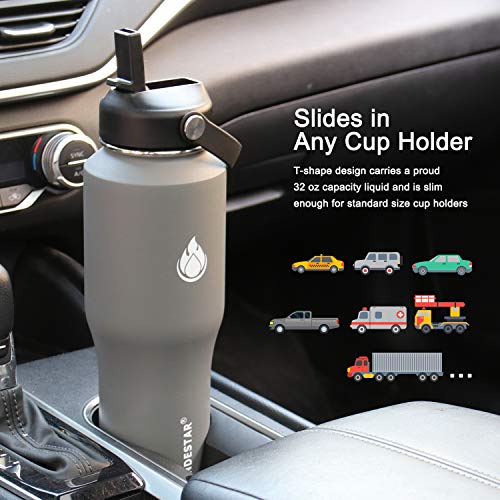 Image of SENDESTAR Water Bottle 32oz,2 Lids(Straw lid),Wide Mouth Stainless Steel Vacuum Insulated Double Wall Keep Liquids Cold or Hot All Day,Sweat Proof Sport Design,Fit Car Cup Holder(Dark Gray)