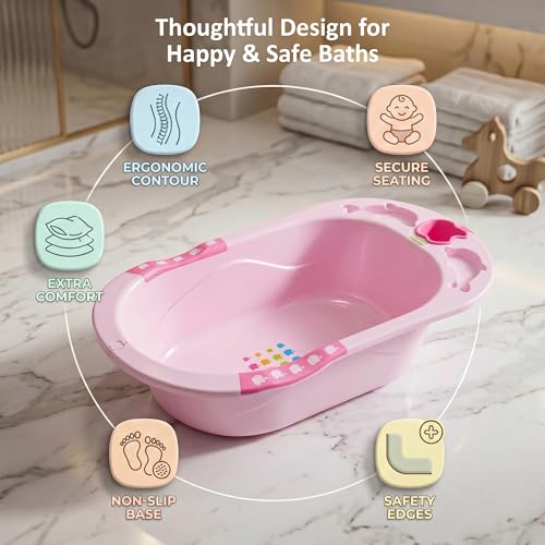 Image of Baybee Dolphin Baby Bath Tub for 0 to 5 Years | Ergonomic Bath Tub for Kids with Non-Slip Base, Quick & Easy Drain | Premium Baby Bather with Soap Holder Bathing Tubs for Boys Girls (Pink)