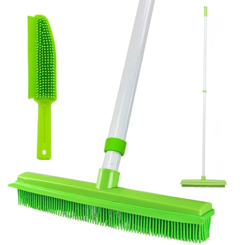 Balai en caoutchouc et brosse à poils d'animaux domestiques, manche long télescopique, balai poussoir en caoutchouc souple, balai avec raclette, balai d'épilation d'animaux et brosse pour tapis, chat