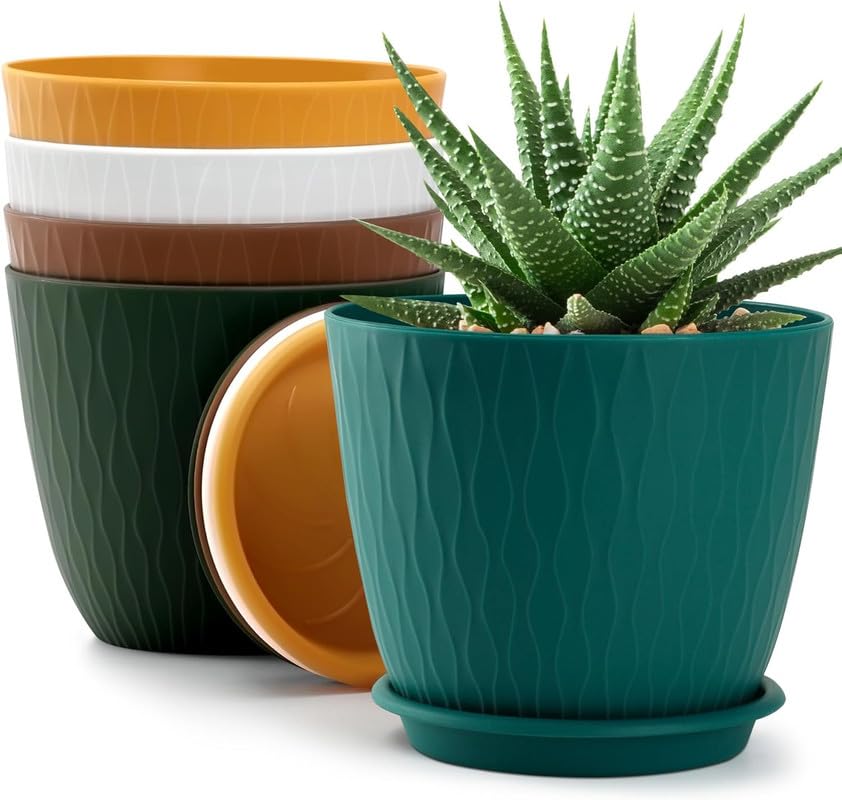 Image of StyleX Store Plastic Round Flower Pots with Drainage Hole Saucers | Durable Outdoor Indoor Wave Pattern Planters with Tray Plant Container for Garden Office, Balcony and Home (Set of 5,Z (Multicolor)