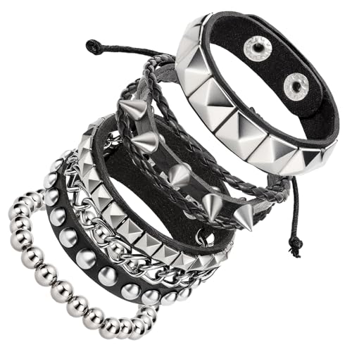 4 PCS Punk Leather Rivets Bracelets,Punk Rock Leather Studded Bracelets,80s Wristband Emo Bracelet,Gothic Spike Cuff Bracelet Set for Men Women Rocker Outfits