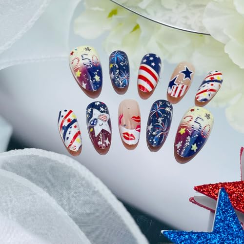 30Pcs 4th of July Press on Nails Almond Patriotic Fake Nails with American Flag Star & Fireworks Designs Red White Blue False Nails Medium Acrylic Stick on Nails for Women Independence Day Decoration