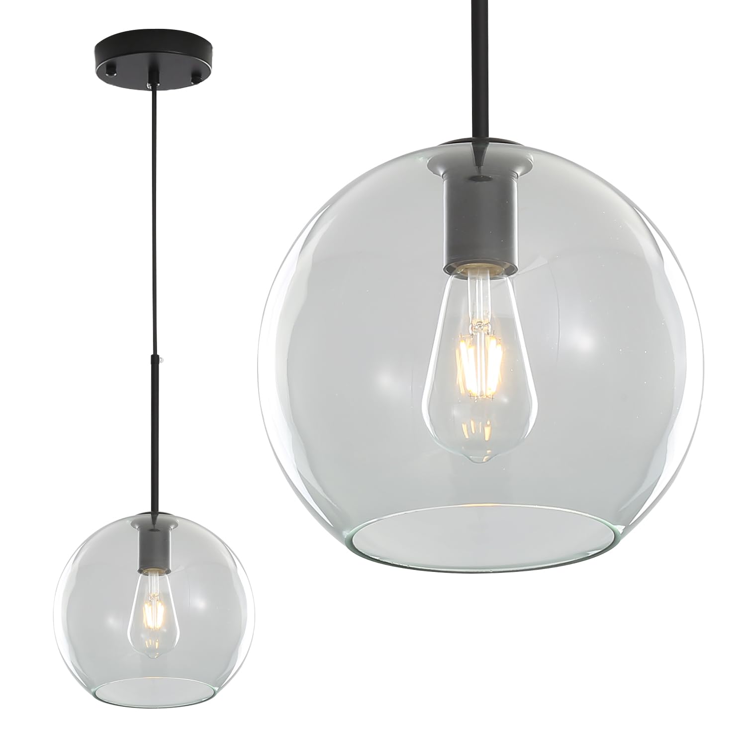 Modern Globe Pendant Light Fixtures, Mid-Century Glass Globe Flush Mount Ceiling Light, Rustic Light Pendant Lights Kitchen Island Dinning Hanging Pendant Light ? (Black-Clear, 25cm/10”)