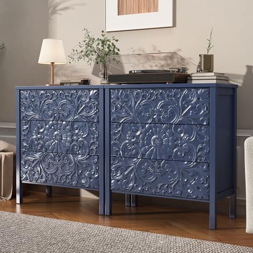 PHOYAL 3 Drawer Dresser, Set of 2 Wooden Flower Motif Dressers with Wide Storage Space Modern Chest of Drawers Nightstand Dresser Closet for Bedroom, Living Room, Hallway - Blue