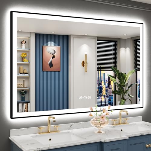 AWANDEE 60x40 Black Framed LED Bathroom Mirror with Lights, Backlit and Front Lit Anti-Fog Lighted...