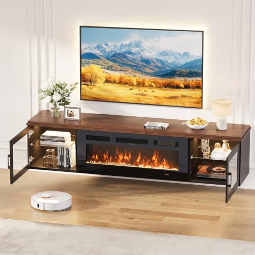 Image of 70 inch Floating TV Stand with Fireplace, High Gloss Finish Wall Mounted Fireplace Entertainment Center with Storage for TVs Up to 80 inch, Brown & Black and WI-FI Enabled