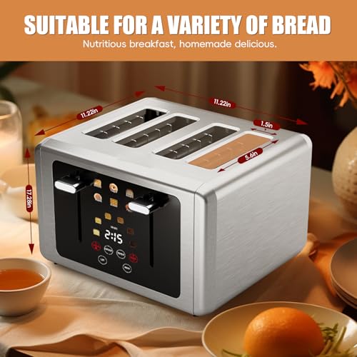 Image of WUNLY Smart Digital 4 Slice Toaster with Touch Screen, 1.5'' Extra Wide Slots for Bagel, Digital Countdown & Sound Control, 6 Bread Types & 6 Shade Settings, Defrost /Reheat /Standby, Stainless Steel