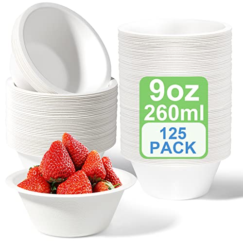 greensight 125 ciotole di carta usa e getta, 260 ml, in canna da zucchero, stoviglie usa e getta, ciotola per zuppa biologica, rotonda, bianca, compostabile
