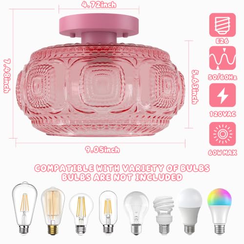 Image of Globe Glass Semi Flush Mount Ceiling Light Fixture, Pink