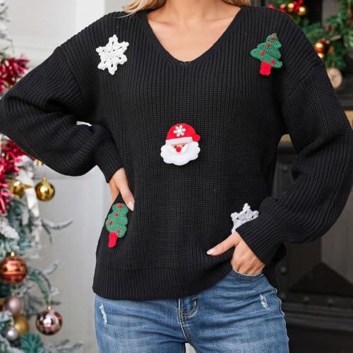 Christmas Sweater Christmas Tops for Women V Neck Sweaters for Women Black - image 7