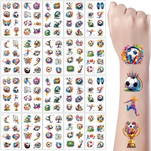 20 Hojas de Tatuajes Temporales Pintadas, 120 Pcs Tatuajes Temporales Fútbol para Niños, Tatuajes Falsos y Stickers, Tatuajes de Brillo para Fiesta de Fútbol